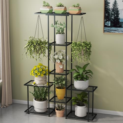 Plant Stand Indoor Outdoor, Metal 6 Tier Tall Hanging Plant Shelf for Multiple Flower Planter Large Heavy Duty Ladder Plant Holder for Garden, Black (y-201) - size: y-201