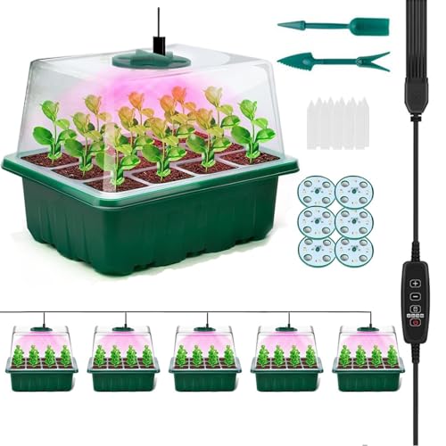 Seed Starter Trays, 72-Cell Seed Tray with LED Grow Lights, Adjustable Humidity Drainage, Germination with Transparent Domes for Succulent Herbs Plant Seedlings, Indoor Seedling Greenhouse, 6 Pack