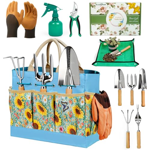 Garden Tool Set, 10 PCS Gardening Tools/Kit for Women,Gardener Gift | 10 PCS Gardening Essentials, Stainless Steel Hand Tools Tote Bag, Well-Designed Gardening Supplies Gifts for Women Gardeners - color: Blue
