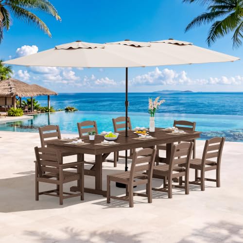 SERWALL 10Pcs 84" HDPE Outdoor Dining Set w/Armless Chair & Umbrella,Brown - color: Brown, size: 10 Piece (Table+6 Armless+2 Armchairs+Umbrella)