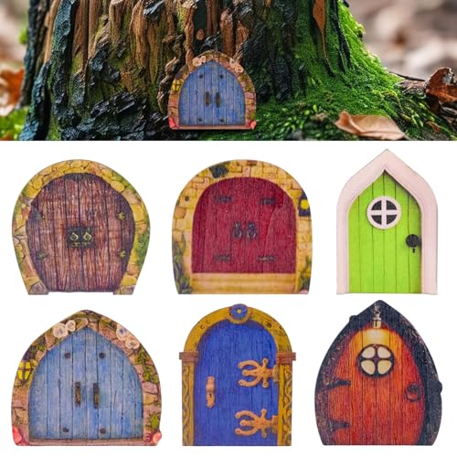 6 PCS Mini Fairy Garden Door for Tree, Miniature Fairy Door for Fairytale Tiny House Doors, Bonsai Terrarium Micro Landscape Decoration Accessories