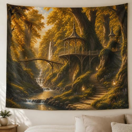 Golden Elven Forest Tapestry Gazebo Waterfall Fantasy Wall Decor 60x50 | A golden elven forest scene with gazebos, bridges, and waterfalls for fantasy bedrooms, reading nooks, and dorms. - color: Golden Elven Forest