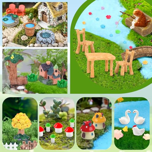 QUOZUO 50 Pcs Fairy Garden Miniatures Accessories Bridge House Landscape Water Well Animal Fence Tree Stone Chair Table Pond Mushroom Lawn Ornament for DIY Craft Mini Garden Scenery Succulent Decor