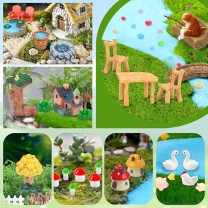 QUOZUO 50 Pcs Fairy Garden Miniatures Accessories Bridge House Landscape Water Well Animal Fence Tree Stone Chair Table Pond Mushroom Lawn Ornament for DIY Craft Mini Garden Scenery Succulent Decor