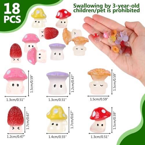 Luminous Mushrooms, 18Pcs Mini Resin Glow in The Dark Mushroom Luminous Plants Ornament for Dollhouse Fairy Garden Decoration Tiny Mushroom Figurine State DIY Craft Micro Landscape Aquarium | Luminous Plants Ornament for Fairy Garden Decoration Tiny Mushr