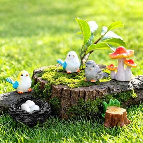 Fairy Garden Accessories, 7 Pieces Birds Resin Figures with Bird's Nest Mushroom, Handmade Miniature Decor, Garden Miniatures Home Outdoor Decors, Perfect DIY Gift - color: Pale Green