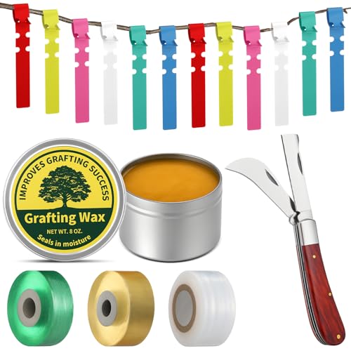 Grafting Tool Kit with Grafting Wax, Knife, Tape for Fruit Trees | Complete Grafting Set, 8 oz Wax, 2-5/8" Curved/straight Knife, 3 Tapes, 12 Labels, for Floral Budding, Garden Maintenance