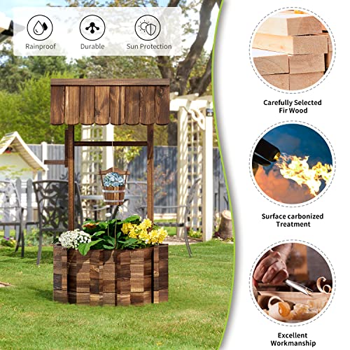 Aoxun 22" Wooden Wishing Well Planters with Hanging Bucket | Garden Helper, Rustic Garden Decor for Outside, Yard, and Patio, Upgrade Reinforced Base, Brown - size: 22" w/ Reinforced Rod