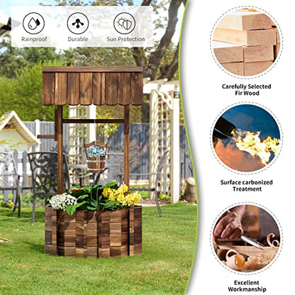Aoxun 22" Wooden Wishing Well Planters with Hanging Bucket | Garden Helper, Rustic Garden Decor for Outside, Yard, and Patio, Upgrade Reinforced Base, Brown - size: 22" w/ Reinforced Rod