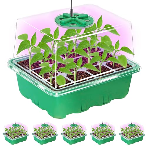 Bonviee Seed Starter Trays with 12-LED Grow Lights, Green, 5 Pack | 5 Seed Starter Kits, 60 Cells, 12-LED Grow Light per Tray, Vented Humidity Domes, Drainage Holes, 1-to-5 USB Cable - color: Green, size: 5 Packs, with Light