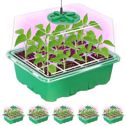 Bonviee Seed Starter Trays with 12-LED Grow Lights, Green, 5 Pack | 5 Seed Starter Kits, 60 Cells, 12-LED Grow Light per Tray, Vented Humidity Domes, Drainage Holes, 1-to-5 USB Cable - color: Green, size: 5 Packs, with Light