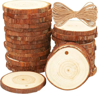 30pcs Wood Slices, BetterJonny 2.36-2.75 inch Undrilled Wooden Circles Predrilled with Hole Natural Wood Ornaments with 10 Meters Jute Rope for Arts DIY Craft - size: 30 Pcs (2.36-2.75 inch)
