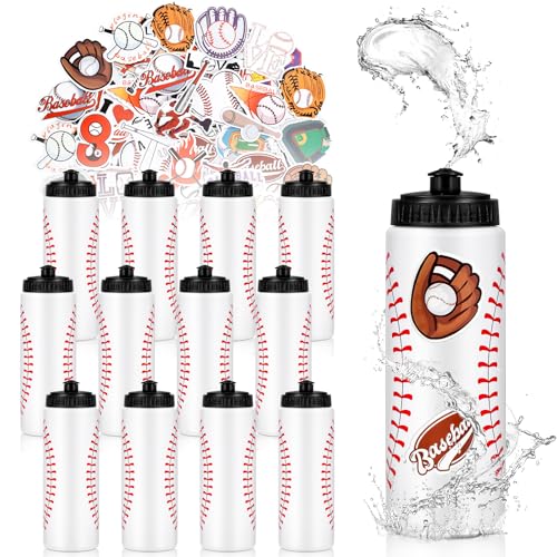 DI QIU REN 12 PCS 20 OZ Baseball Water Plastic Bottle with 300 PCS Stickers | 20 Capacity, Reusable Baseball Water Bottles for Boys, Easy-Squeeze, Secure Cap, Customizable Labels, Sports Team for Gym - style: Baseball Water Bottle-12pcs