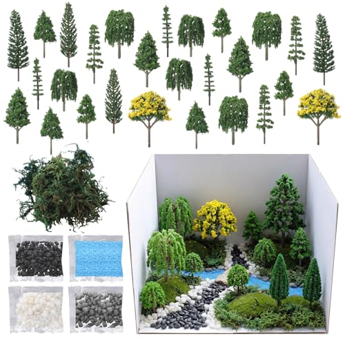MiniInflat 34 Pcs Diorama Supplies Kit Artificial Model Trees Rainforest Scenery Faux Green Moss Decor, Decorative Sand, Stone, Grass, Moss, Box, Scenery Basing Material Kit for School DIY Craft