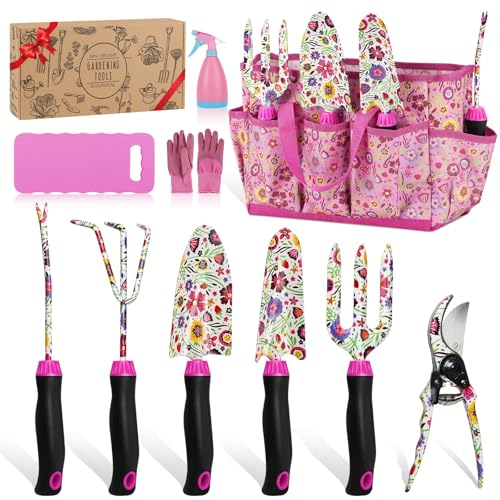 Housolution Gardening Tools Set, 10PCS Gardening Gifts for Women, Pink | Heavy Duty Garden Tools with Non-Slip Rubber Grip with Large Garden Bag for Tools Aluminum Alloy Hand Tools for Gardening Men - color: Pink