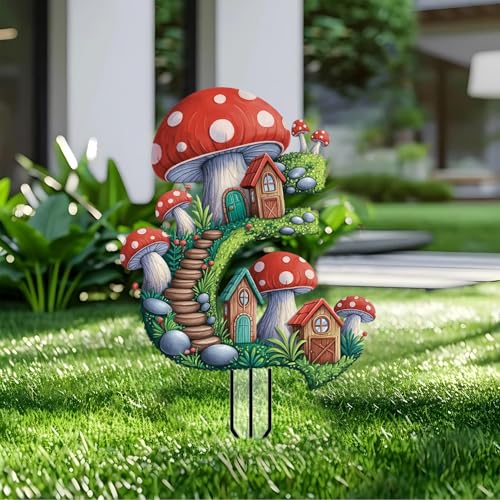 Mushroom Landscape Garden Stakes Decor Yard Acrylic - 2D Garden Acrylic Sign Decoration, Fantasy Yard Art, Gift for Nature Lovers, for Indoor & Outdoor Flower Pots, Mini Gardens & Lawn (5.9”x5.9”) - color: B