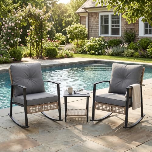 TARKARI 3-Piece Patio Rocking Chairs Set of 2, Rocking Chair Bistro Set [Upgraded 2.0] & 2-Tier Coffee Table, Wicker Rocking Chair Outdoor Patio Furniture Set for Backyard, Porch, Balcony (Grey)