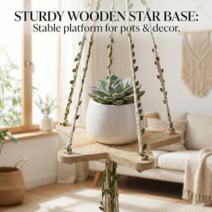 39 Inch Macrame Plant Hanger - Wooden Star Base Tray with Decorative Faux Leaf Vines, Boho Hanging Planter Holder for Indoor Plants - Wood and Cotton Rope