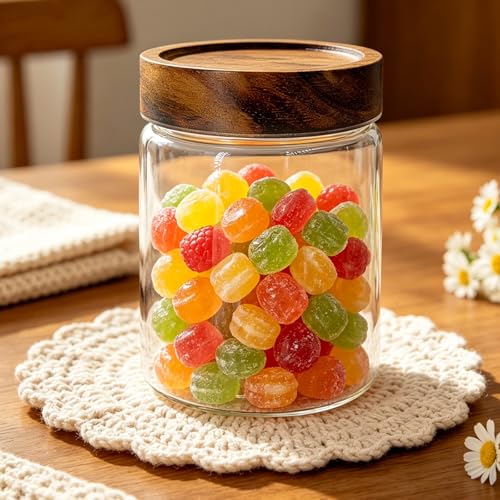 Airtight Glass Jar with Lid Food Storage Container with Screw On Acacia wood top storage Canister for Cookie, Cereal, candy, coffee beans, dry fruits storing Cylindrical Glass body 1000ml 34oz - size: 1000ml Cylinder