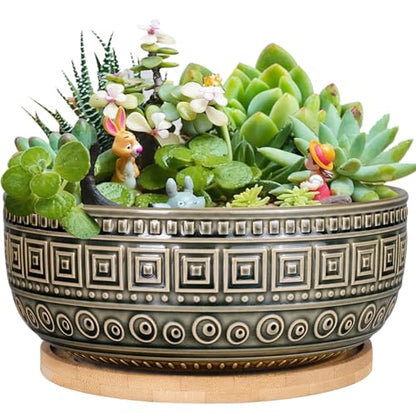 G EPGardening 8 Inch Ceramic Succulent Planter Pots Round Shallow Bonsai Planter Pot for Indoor Plants with Drainage and Bamboo Saucer Gray - color: Gray