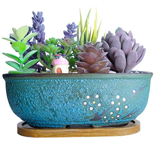 ARTKETTY Succulent Pots, 7.9" Rectangle Succulent Planters with Drainage Tray, Shallow Planters for Indoor Plants Ceramic Cactus Pots Bonsai Flower Plant Container for Home Windowsill Decor - color: Grainy Blue