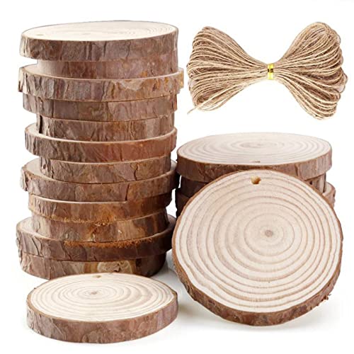 20pcs Wood Slices, BetterJonny 3.1-3.5 inch Undrilled Wooden Circles Predrilled with Hole Natural Wood Ornaments with 10 Meters Jute Rope for Arts DIY Craft - size: 20 Pcs (3.1-3.5 inch)