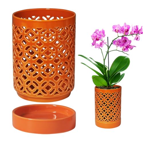 Orchid Pot 4 Inch with Holes & Saucers, Orchid Pot for Repotting, Breathable Slotted Orchid Pots Flower Plant Nursery Pot Orange - color: Orange Plum