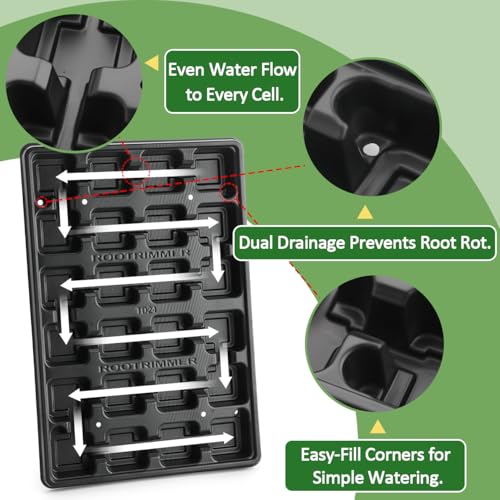 RooTrimmer 24 Cell Nursery Pots Trays 10 Pack (17"x11"x1.6"), Reusable Plastic Plant Pot Tray with Drain Holes, Carrying Seed Starter Tray for Holding 2.8 inch (7CM) Square Nursery Pots (Black) - color: Black, size: 24 Cell Trays-10 Pack