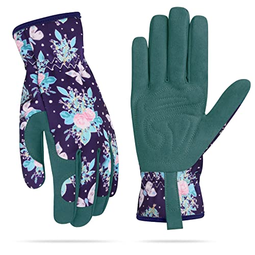 Womens Gardening Weeding Working Gloves, Leather Garden Glove for Women Thorn Proof No Stab for Digging, Planting,Pruning - color: Deep Blue-medium