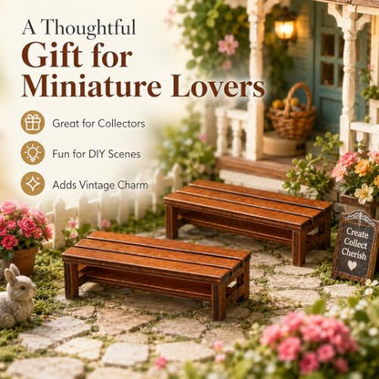 DECHOUS 2Pcs Miniature Wooden Benches for Dollhouse Decoration | Mini Park Bench Furniture for Fairy Garden, Museum Models, Diorama, Miniature Landscape Accessories