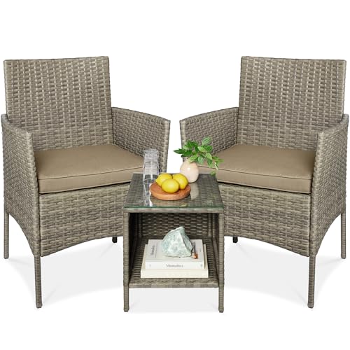 Best Choice Products 3-Piece Outdoor Wicker Conversation Bistro Set, Space Saving Patio Furniture for Garden w/Side Table - Taupe/Desert - color: Taupe/Desert
