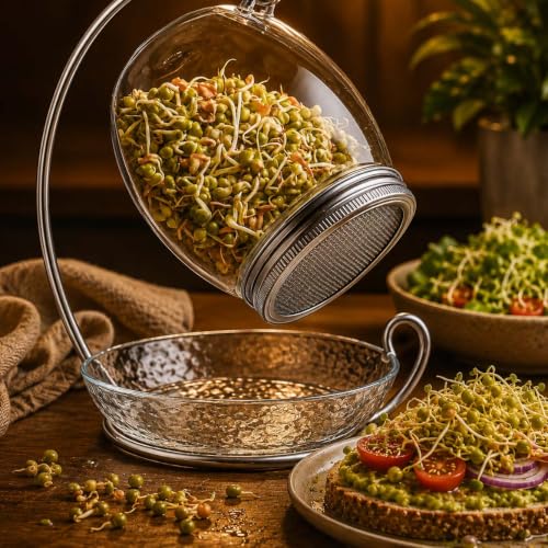 Premium Sprouting Jar Kit - Unique 30 oz Wide Mouth Sprouting Jar, Stand, Tray and 316 Stainless Screen Lid | Decorative Indoor Seed Sprouter and Germinator (1 Kit)