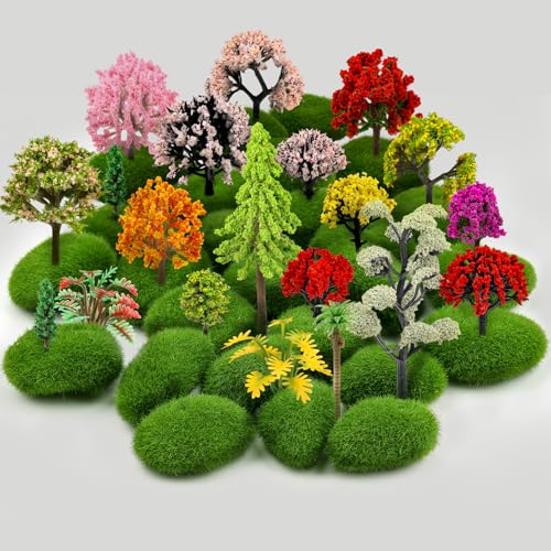 QUOZUO 42Pcs Model Miniature Trees with Moss Stones, Model Train Scenery, Mixed Model Colourful Trees for Building Model, Natural Green Landscape, Railroad Scenery