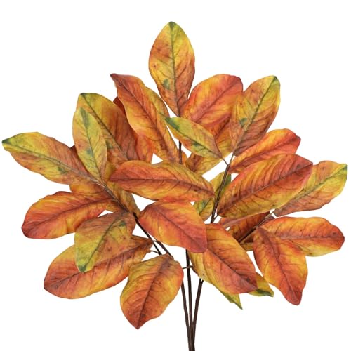 Artificial Magnolia Fall Leaves Stem 31 inch Yellow Fake Autumn Branches | Foliage Branches leaf for Home Kitchen Farmhouse Vase HalloweenThanksgiving Table Centerpieces Party Decor - color: Magnolia-yellow