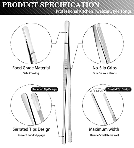 JETKONG 4 Pcs Kitchen Tweezers Tongs Stainless Steel Cooking Tweezers Set, Professional Kitchen Long Tweezer for Cooking, Repairing, and BBQ (10+12-Inch, Silver) - color: Silver, size: 10+12inch-4PCS