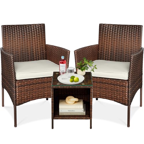 Best Choice Products 3-Piece Outdoor Wicker Conversation Bistro Set, Space Saving Patio Furniture for Garden w/Side Table - Brown/White Sand - color: Brown/White Sand