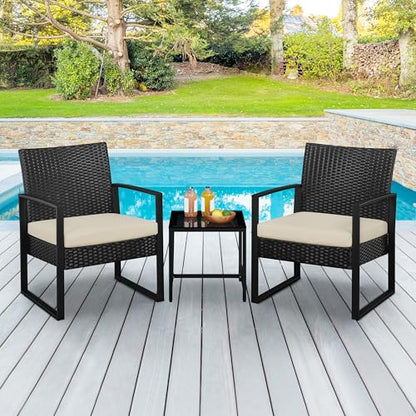 Yaheetech 3 Pieces Rattan Bistro Set, Outdoor Wicker Patio Modern Conversation Furniture, 2 Chairs & Tempered Glass Coffee Table for Garden, Balcony, Backyard, Poolside, Black/Beige - color: Black/Beige