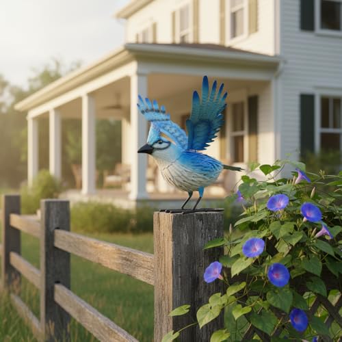 Cruis Cuka 9.5" Blue Jay Garden Decor, Hand-Painted Metal Bird Sculpture, Weatherproof Yard Art for Patio, Farmhouse Spring Gift