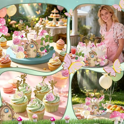 30 PCS Fairy Cake Toppers Fairy Garden Cake Decorations with Gold Fairies | Mushroom Door, Pink Butterfly Toppers, Foam Flowers for Girls Birthday Baby Shower Woodland Party Decor