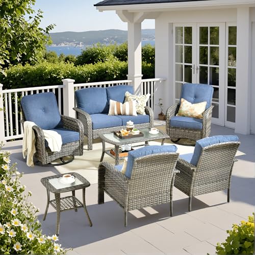 7 Piece Wicker Patio Furniture Set with Swivel Chairs, Denim Blue - color: Denim Blue, size: 7 Pcs Patio Set