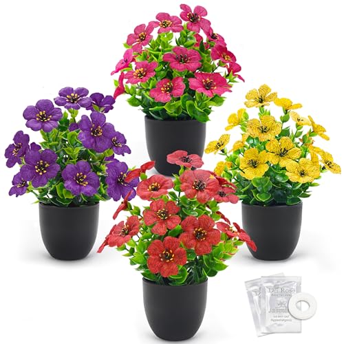 Der Rose 4 Pack Fake Plants with Fragrance Discs for Black Office Decor | UV-resistant, pretty colorful flowers, shelf bathroom bedroom kitchen decor, calming fragrance disc - color: Black