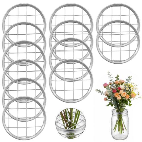 12 Pcs Flower Grid, Mason Jar Frog Lid Insert Metal Flower Organizer Frog Lid Insert with Square Grids, Flower Arrangement Holder for Regular Mouth Mason Canning Jars