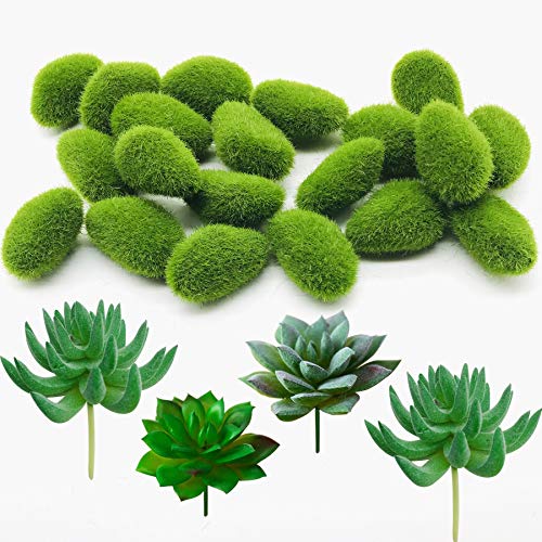 Woohome 24 PCS Artificial Moss Rocks Decorative and Artificial Succulent Plants Set, 20 PCS Fake Moss Decor and 4 PCS Green Fake Succulent for Floral Arrangements, Fairy Gardens and Crafting