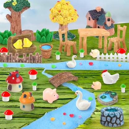 QUOZUO 50 Pcs Fairy Garden Miniatures Accessories Bridge House Landscape Water Well Animal Fence Tree Stone Chair Table Pond Mushroom Lawn Ornament for DIY Craft Mini Garden Scenery Succulent Decor