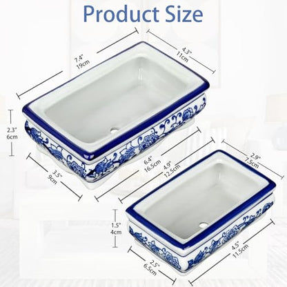 Set of 2 Blue and White Ceramic Bonsai Pots with Drainage Hole, 7.5" & 5" | Rectangular Bonsai Tree Pots Bonsai Planters for Indoor/Outdoor, Succulents, Cactis, Home, Patio, Garden, Chinoiserie Decor - size: 7.4"x4.3"x2.3"&4.9"x2.9"x1.5"