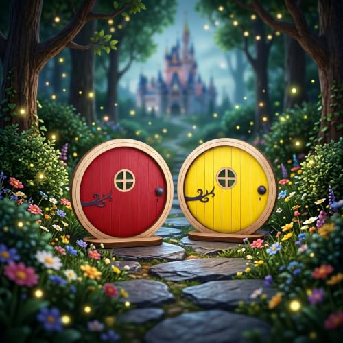 2 Pcs Fairy Doors for Trees Outdoor, Yellow & Red Boxwood Fairy Garden Door for Tree Trunk, Mini Gardens Sculpture Lawn Ornament, Gardens Miniatures (3.94 x 3.82 x 0.20 in)