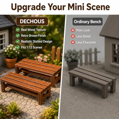 DECHOUS 2Pcs Miniature Wooden Benches for Dollhouse Decoration | Mini Park Bench Furniture for Fairy Garden, Museum Models, Diorama, Miniature Landscape Accessories