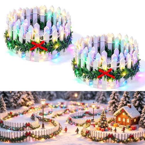 2 PCS 35 Inch Mini Christmas Garden Fence with Light, Fairy Garden Fence - color: 2 Pcs White with 2 pcs light