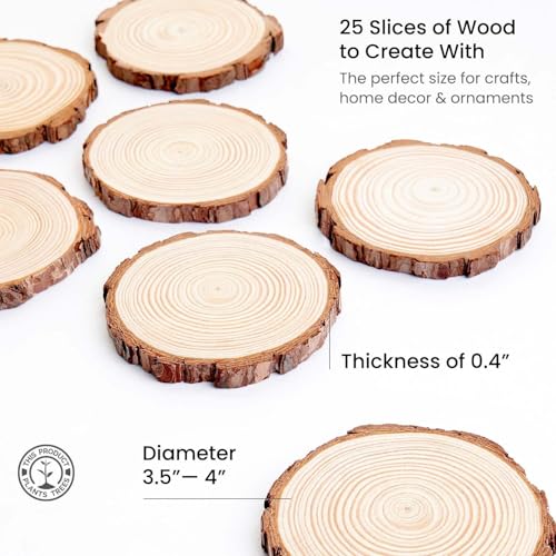 ARTEZA Natural Wood Slices, 3.5-4 Inch Diameter, Set of 25, Brown Round Pine Wood Discs with Bark for Crafts, Christmas Ornaments, Centerpieces - size: M