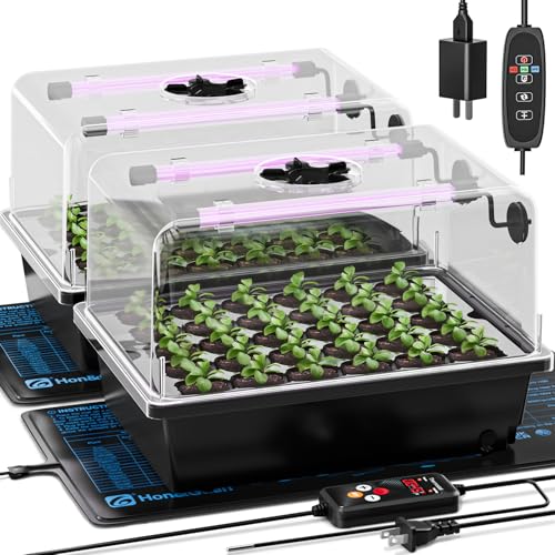Hon&Guan 2-Pack 30-Cell Seed Starting Kits with Heat Mats and LED Lights | 60-cell PP seedling trays, 5.3" domes with vents, 4 LED bars, thermostats, self-watering, for Germination & Plant Propagation - size: 2 Pack